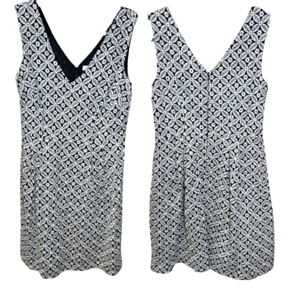 Monsoon Black White Eyelet Geometric Floral V-Neck Sleeveless Shift Dress Size 8
